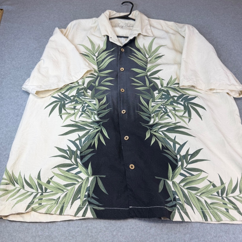 Tommy Bahama Mens XXL Silk Camp Shirt Koi Fish Bamboo Print Cream Black Short Sl